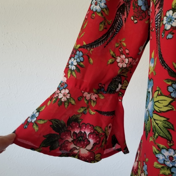 City Streets Red Floral Parrot Tropical Bell Dress - Picture 4 of 6